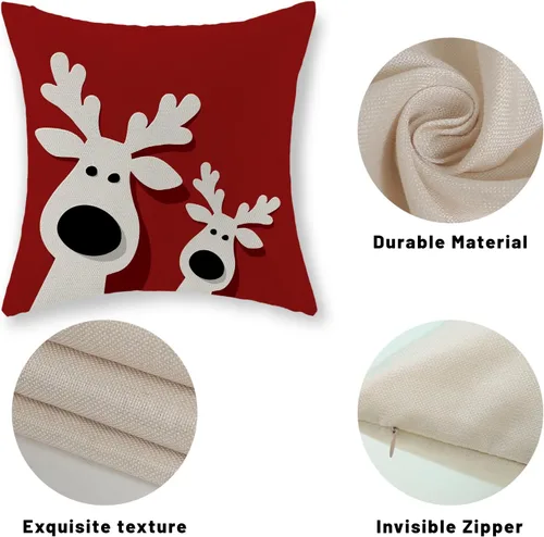 Vista 7 de Juego de 2 fundas de almohada navideñas de 16 x 16 pulgadas, fundas de almohada de lino color rojo con diseño de alces y ciervos de invierno