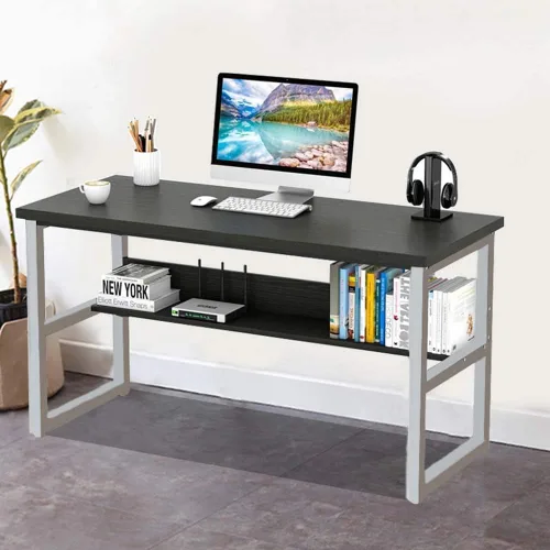 Vista 6 de Escritorio para computadora de oficina en casa con estantería, escritorio de madera de 43 pulgadas con estantes de almacenamiento, mesa moderna
