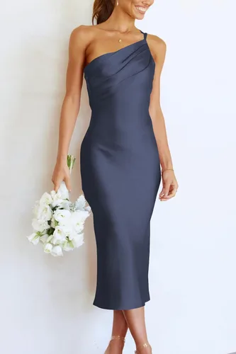 Vista 5 de PRETTYGARDEN - Vestido midi de satén con un hombro para mujer, tirantes delgados, espalda descubierta, fruncido, vestido de verano bodycon