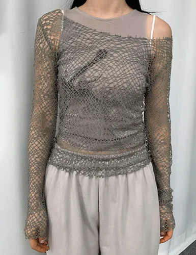 Vista 4 de Yeenily Camiseta de punto de ganchillo para mujer con malla de manga larga transparente