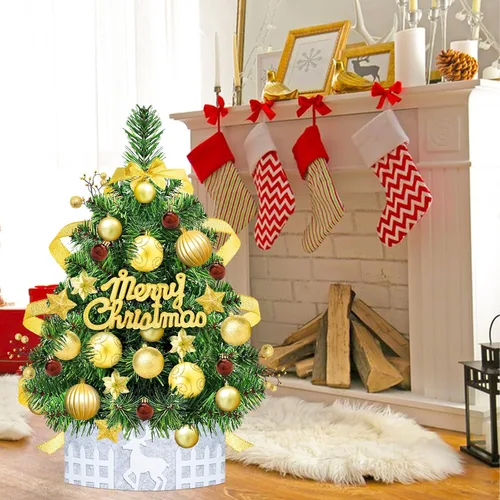 Vista 5 de Mini árbol de Navidad de mesa de 2 pies, árbol de Navidad pequeño dorado para interiores y hogar, granja, chimenea, mesa, decoración de Navidad