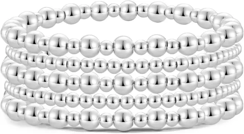 Vista 7 de Pulsera para mujer con cuentas chapadas en oro de 14 quilates, pulsera elástica de cuentas redondas Oro - 2 cubos+1 cuenta
