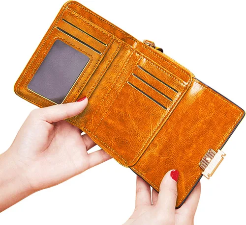 Vista 3 de PofeeXIO Cartera de cuero RFID para mujer con tarjetero triple plegable para mujer con correa de muñeca corta para mujer, cartera con múltiples