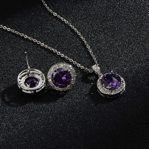 Vista 9 de Juego de joyas de cristal para novia, plata de ley, circonita cúbica redonda, circonita cúbica, diamantes de imitación, halo de piedra natal, collar