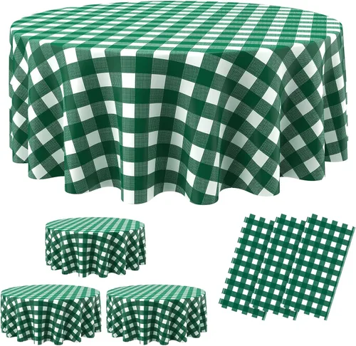 Vista 14 de Remagr Mantel Desechable de Cuadros Redondo de Plástico Buffalo Plaid Mantel de Mesa de 84'' Cubierta de Mesa Gingham para Picnic Camping BBQ Fiesta