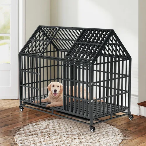 Vista 9 de Jaula indestructible para perros con divisor – Perrera de interior resistente de 52 pulgadas para perros grandes, jaula de acero XL con doble