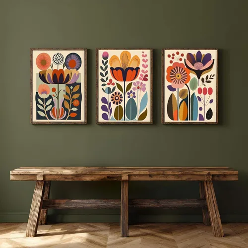Vista 5 de Juego de 3 pósteres florales retro, imágenes de flores coloridas, póster moderno y colorido de arte de pared botánico bohemio de mediados de siglo