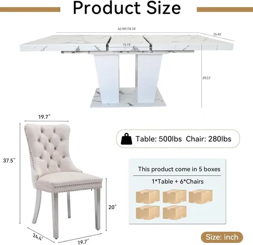 Vista 9 de Juego de mesa de comedor extensible de mármol sintético de 7 piezas para 6, mesa de comedor extensible blanca de 78.74 pulgadas con juego de 6