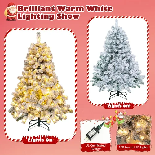 Vista 2 de DORTALA - Árbol de Navidad artificial preiluminado con copos, de 4.5 pies, con 150 luces LED blancas cálidas, 295 puntas de ramas, soporte metálico