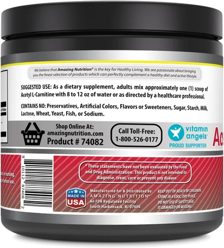 Vista 2 de Amazing Formulas Acetil L-Carnitina 3.53 oz (3.5 onzas) Suplemento en polvo 100 porciones Sin OMG Sin gluten Fabricado en Estados Unidos