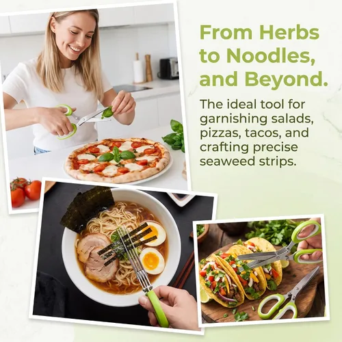 Vista 3 de 5 Blade Herb Scissors with Cleaning Comb, Thickened Stainless Steel Kitchen Herb Shears for Fresh Herbs, Green Onions and Seaweed (3PCS)