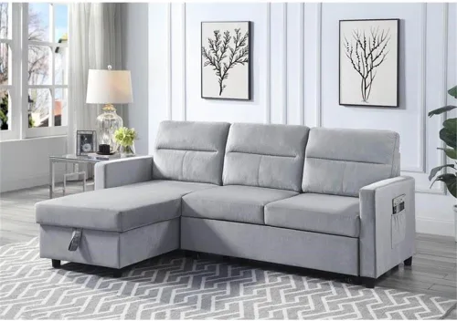 Vista 2 de BOWERY HILL Sofá cama reversible de terciopelo gris claro con diván de almacenamiento