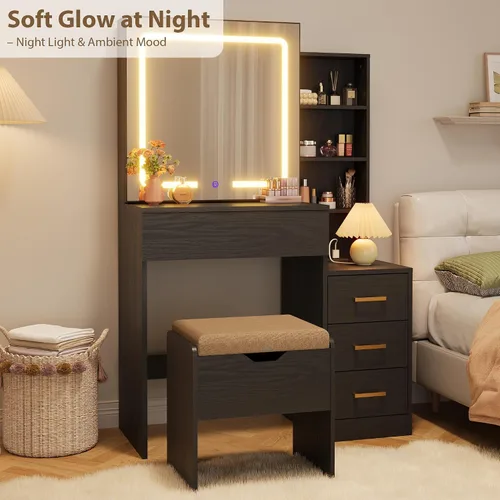 Vista 2 de GarveeHome Makeup Vanity Desk with Sliding Mirror, Vanity Dressing Table with 3 Color Adjustable Lights, Girls Vanity Set with Stool, 4 Compact
