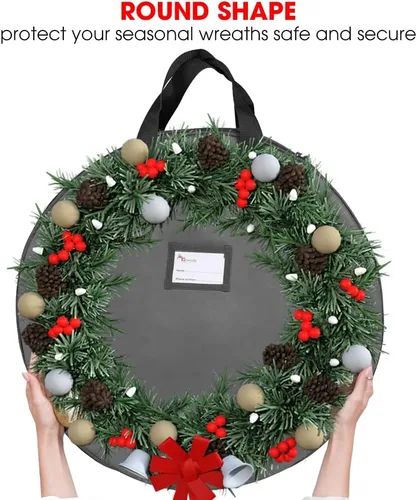 Vista 4 de Bolsa de almacenamiento de corona de Navidad resistente de 24 pulgadas, contenedor de coronas con asas, material de poliéster Oxford 600D duradero