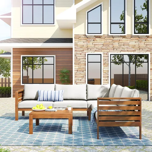 Vista 2 de Juego de 4 muebles de patio al aire libre, sofá seccional de madera de acacia con asiento cojines beige, asiento de conversación seccional