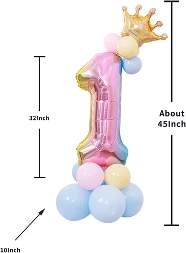 Vista 5 de Juego de globos de aluminio de aluminio de 32 pulgadas de tamaño grande con número 1 para niños para fiesta de primer cumpleaños (1)