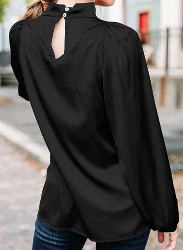 Vista 2 de LOLONG Blusas de seda de manga larga con cuello alto y cuello alto para mujer