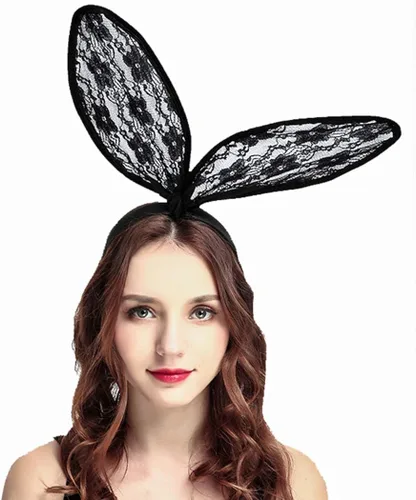 Vista 4 de Aceorna Diadema de encaje sexy con orejas de conejo color negro para Halloween discotecas máscaras Navidad