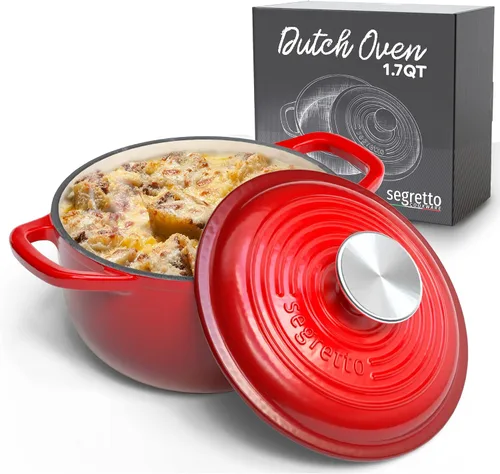 Vista 18 de Segretto Cookware Horno holandés ovalado de hierro fundido esmaltado, 7 cuartos de galón blanco Bianco Perla (Off-White)