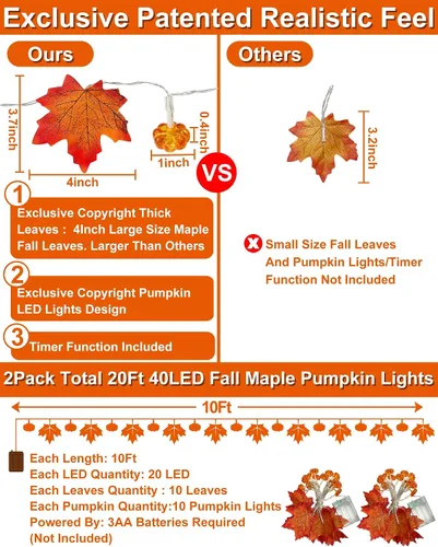 Vista 4 de Temporizador - Paquete de 2 guirnaldas de otoño con luces de calabaza que