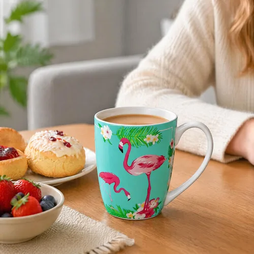 Vista 4 de Taza de porcelana de hueso flamenco de 12.5 oz con plantas tropicales Porcelana de hueso ligera, ideal para los amantes del flamenco, taza de café