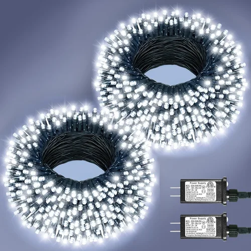 Vista 40 de Juego de 2, luces de Navidad, 200 pies, 600 LED, exterior/interior, guirnalda luces, 8 modos, impermeables, cable verde, parpadeantes, árbol, patio