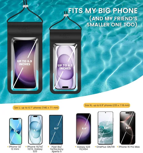 Vista 6 de HiRui Funda impermeable universal para teléfono con pantalla táctil, IP68 impermeable, bolsa seca para playa, compatible con iPhone Negro