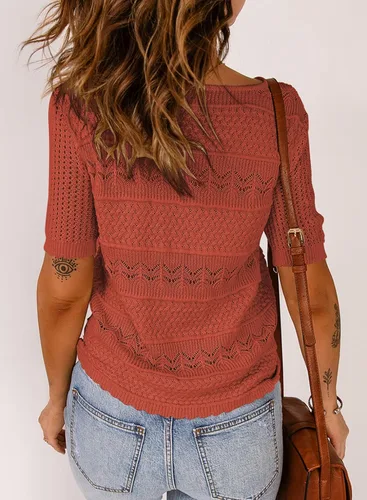 Vista 2 de Dokotoo Suéteres de manga corta para mujer, cuello redondo, suéter de punto ligero