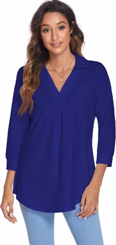 Vista 2 de Newchoice Womens Collared V Neck 34 Sleeve Shirts Business Casual Tops Loose Work Blouses (M-3XL)