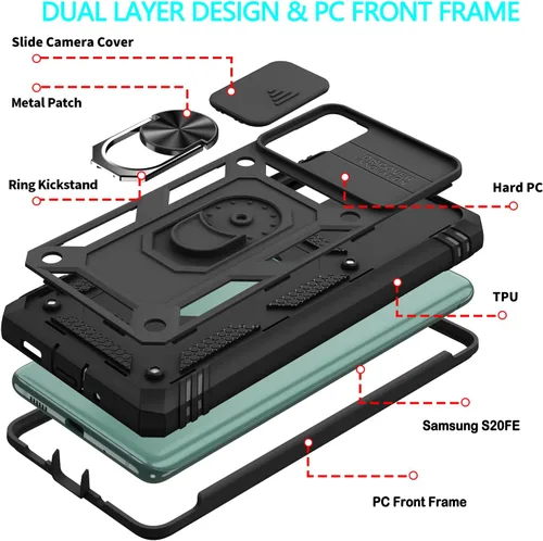 Vista 6 de Funda para Galaxy S20 FE 5G, para Galaxy S20 FE 4G con 3 protectores de pantalla de vidrio templado con soporte integrado + cubierta de cámara
