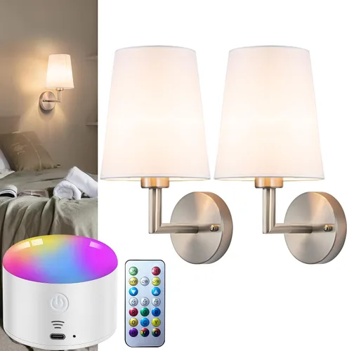Vista 9 de Juego de dos apliques de pared modernos que funcionan con pilas, con control remoto, lámpara de pared inalámbrica para interiores, lámpara de pared