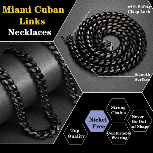 Vista 2 de ROWIN&CO - Cadena para hombre, color negro, pesada, grande, de acero inoxidable 316L, cadena de eslabones cubanos, cadena de joyería de hip hop