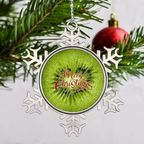 Vista 2 de Adorno de copo de nieve verde para árboles de Navidad, frutas, comida realista, adornos de Navidad personalizados 2022, divertido recuerdo de metal