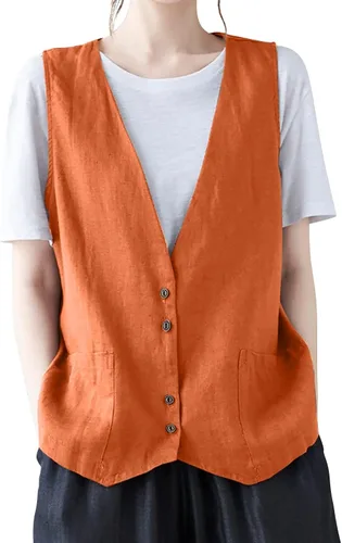 Vista 9 de COTECRAM Chaleco de lino de algodón para mujer, casual, sin mangas, con botones, ligero, para verano, holgado, ropa de abrigo