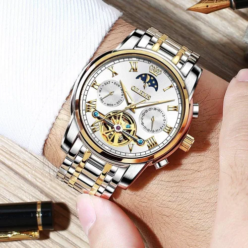 Vista 2 de OLEVS reloj mecánico automático, reloj de cuerda automático de lujo para hombre a prueba de agua, acero inoxidable.