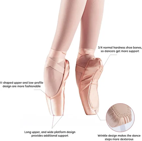 Vista 5 de Zapatos de punta de satén para niñas y mujeres, zapatos de ballet profesionales con cinta para la escuela o el hogar (elige una talla más grande)