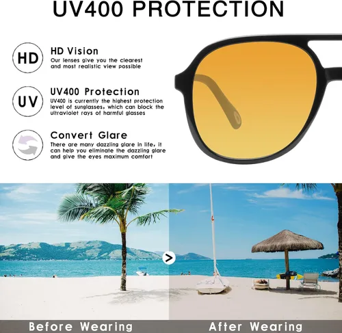 Vista 4 de YDAOWKN Retro Aviator Sunglasses for Womens Mens 70s Double Bridge Sunnies 2 Tintes Negro/Gris+Negro/Amarillo