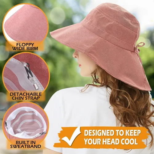 Vista 5 de Headshion Sombrero de sol para mujer, plegable, de ala ancha, con solapa para el cuello, para verano, playa, viajes, jardín