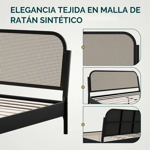 Vista 3 de Bme Aurelia - Marco de cama con cabecero tamaño Queen, madera de acacia sólida, estilo bohemio y moderno de mediados de siglo, cabecero de ratán