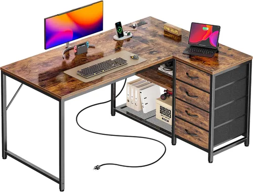 Vista 11 de PRAISUN Escritorio pequeño para computadora de 43.3 pulgadas con tomas de corriente y puerto USB-C, escritorio esquinero reversible en forma de L