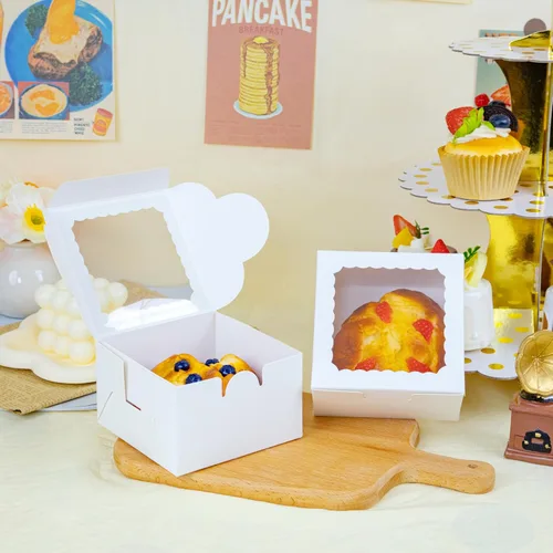 Vista 5 de 50 cajas blancas de panadería de 4 x 4 x 2.5 pulgadas con ventana, mini pastel, postre, pastelería, cajas pequeñas para dulces