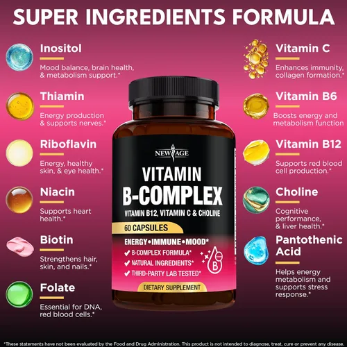 Vista 2 de Complejo de vitamina B para hombres y mujeres - Fabricado en EE. UU. - Complejo B: B1, B2, B3, B5, B6, B7, B8, B9, B12 con vitamina C, colina