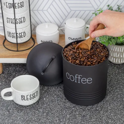 Vista 3 de AuldHome Design Recipiente de Café de Loza Esmaltada Negra; Almacenamiento de Café de Estilo Casa de Campo Moderno para Cocina