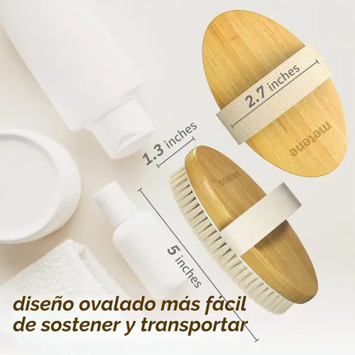 Vista 4 de Metene Cepillo corporal de cepillado en seco con cerdas naturales suaves y rígidas, cepillo exfoliante corporal/masaje para celulitis y linfática
