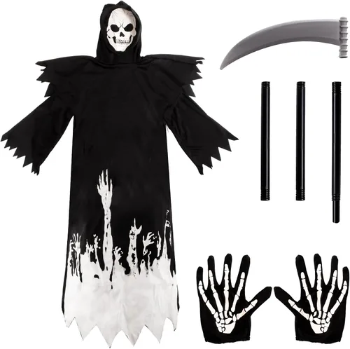 Vista 3 de Kitimi Disfraz de Halloween que brilla en la oscuridad para niños y niños, disfraz de fantasma aterrador de Halloween con guadaña y guantes