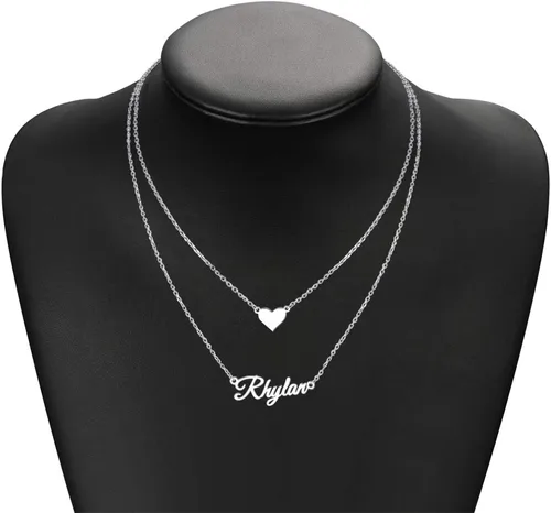 Vista 3 de Gargantilla MeMoShe con nombre personalizable, superpuesta, con corazón, chapada en oro de 18K con colgante de nombre