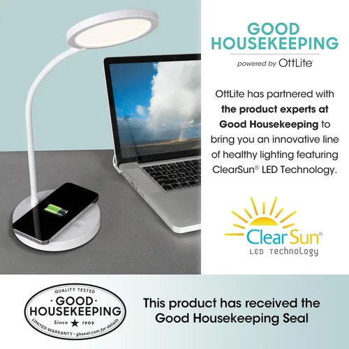 Vista 6 de OttLite Good Housekeeping - Lámpara de escritorio LED circular con carga inalámbrica, diseñada para reducir la fatiga ocular, lámpara de escritorio