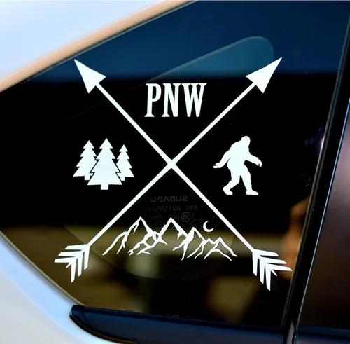 Vista 2 de PNW - Calcomanía de pie grande, calcomanía blanca de montaña/árbol, gráfico de automóvil/portátil, calcomanía PNW Sasquatch, flechas cruzadas