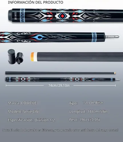 Vista 4 de CRICAL COWCUE 58-Inch Carbon Fiber Pool Cue, Low Deflection, 12.5mm Tip