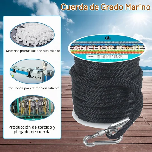 Vista 5 de Cuerda de anclaje de 1/2 pulgada y 50 pies, cuerda de anclaje para barco, trenza sólida MFP, línea de anclaje con dedal de acero inoxidable 316